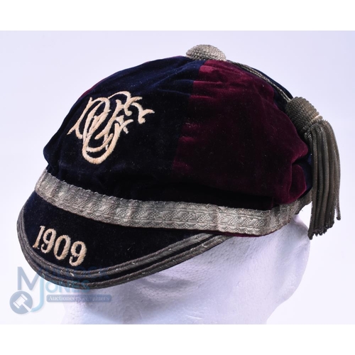 12 - 1909 Durham University (?) Velvet Rugby Honours Cap: Black and maroon 6-panel cap with DUFC monogram... 