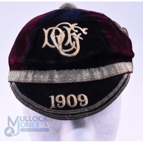 12 - 1909 Durham University (?) Velvet Rugby Honours Cap: Black and maroon 6-panel cap with DUFC monogram... 