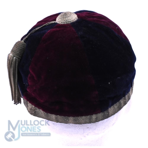 12 - 1909 Durham University (?) Velvet Rugby Honours Cap: Black and maroon 6-panel cap with DUFC monogram... 