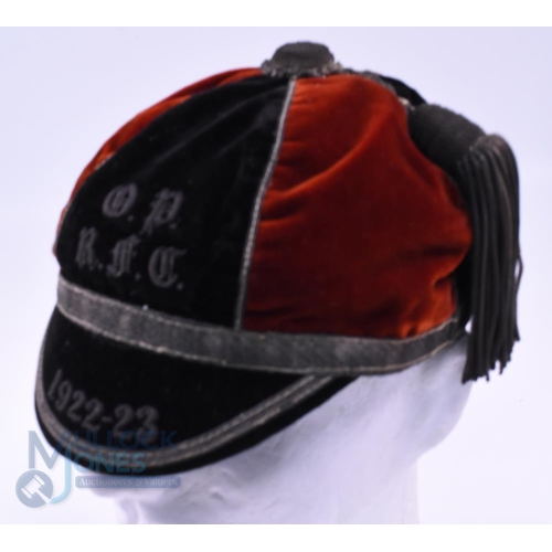 14 - 1922-3 Old Paulines Velvet Rugby Honours Cap: The London club's lovely 6-panelled black and red exam... 