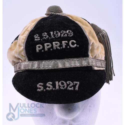 16 - 1927 on Percy Park (?) RFC Velvet Rugby Honours Cap: 6-panelled cream and black example with gold br... 