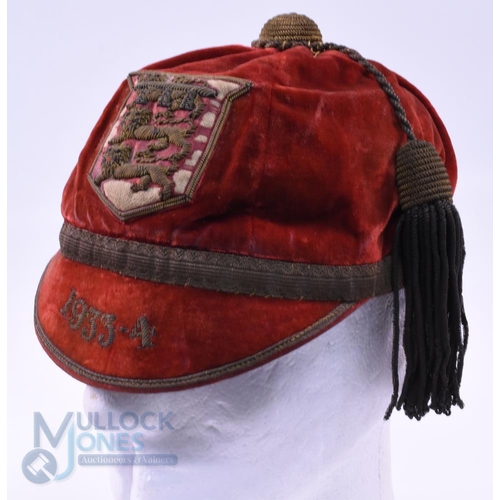 19 - 1933-4 Lancashire Velvet Rugby Honours Cap: Scarlet County cap, six panels, by Tyldesley and Holbroo... 