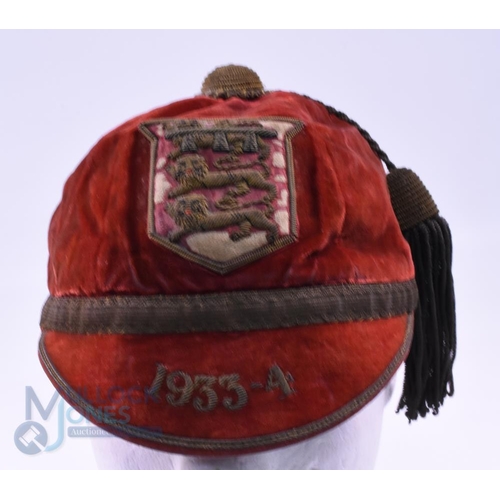 19 - 1933-4 Lancashire Velvet Rugby Honours Cap: Scarlet County cap, six panels, by Tyldesley and Holbroo... 