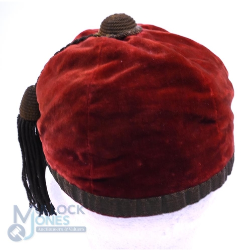 19 - 1933-4 Lancashire Velvet Rugby Honours Cap: Scarlet County cap, six panels, by Tyldesley and Holbroo... 