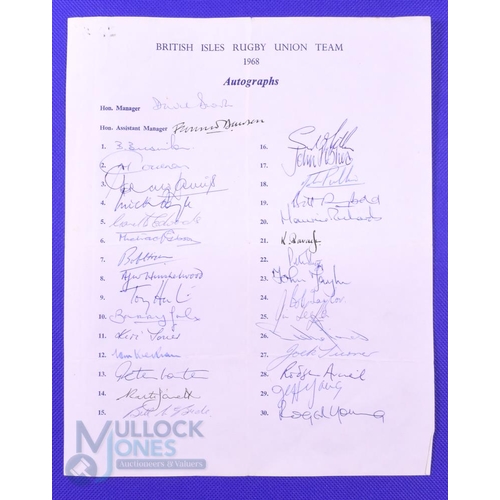 21 - 1968 British and I Lions Rugby, Official Hand signed Autograph Sheet: Signed by the squad of 30 and ... 