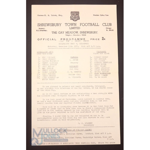 2132 - 1973/74 Welsh Cup 4th round Shrewsbury Town v Welshpool 15 December 1973 kick-off 2pm (3 day working... 