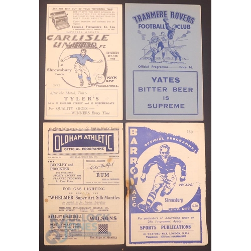 2139 - 1950/51 Shrewsbury Town away match programmes v Carlisle Utd, Tranmere Rovers, Oldham Athletic, Barr... 