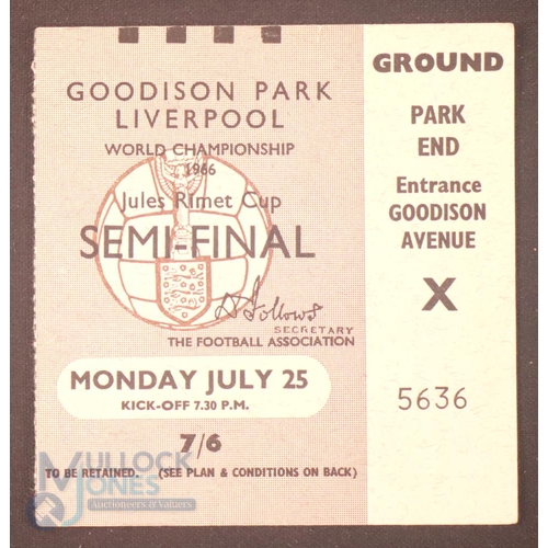 2146 - 1966 World Cup Semi-Final Match Ticket West Germany v Soviet Union 25 July 1966 at Everton; fair/goo... 