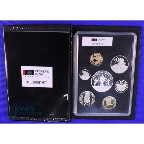 232 - 1991 RWC New Zealand Proof Coins Set inc $5 Rugby Coin: Mint set, sealed in Perspex, the super Rugby... 