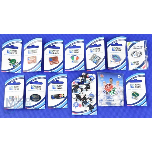 363 - 2015 RWC Official Rugby Lapel Badges (15): Flags of Ireland and Italy; SA Player Figure; Venues: Glo... 