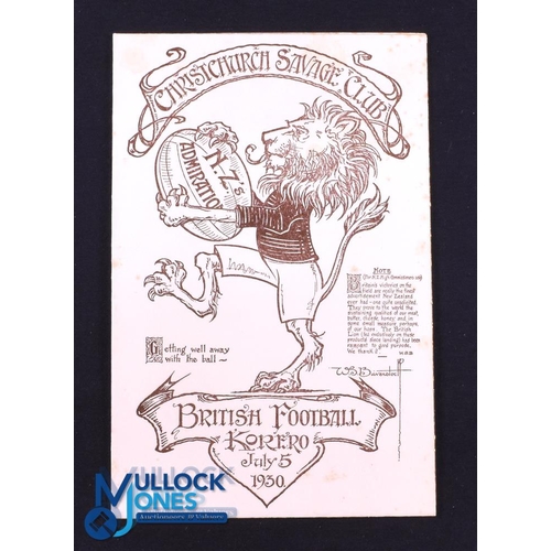 389 - Rare 1930 British and I Lions Menu: Dinner for the Lions by the Christchurch Savages Club on the eve... 