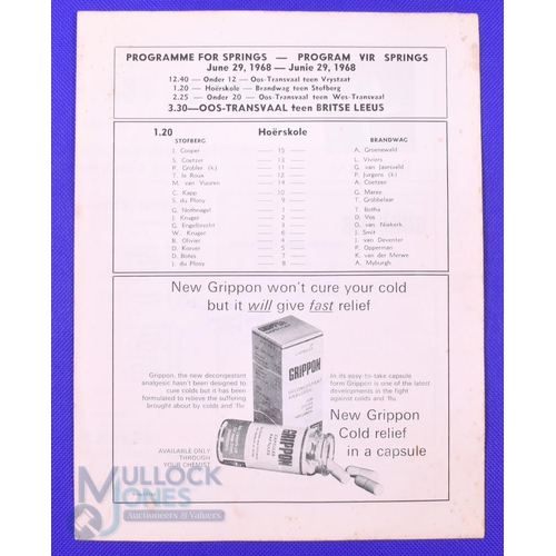 39 - 1968 British and I Lions Rugby Programme v Eastern Transvaal: At Springs, 29/6/68. 4pp, slight and s... 