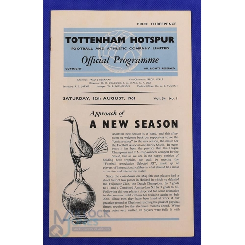 683 - 1961 Charity Shield programme: Tottenham Hotspur v FA XI at White Hart Lane 12 August 1961; good. (1... 