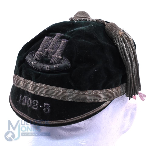 8 - 1902-3 Devon County Velvet Rugby Honours Cap: Classic dark green county example, with Devon crest an... 