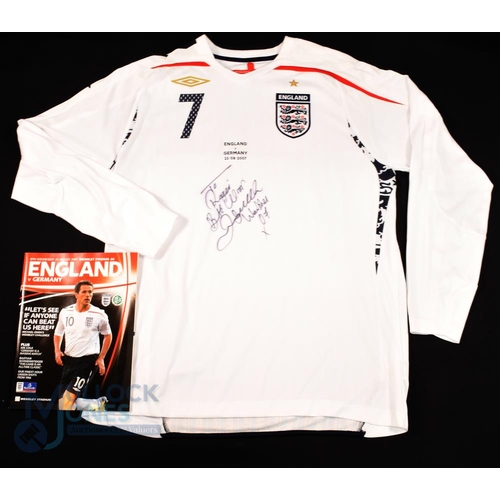 852 - 22nd August 2007 England v Germany No 7 Beckham long sleeve Shirt (L) signed and dedicated to front ... 