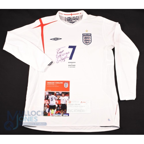 855 - 17th August 2005 Denmark v England No 7 Beckham long sleeve Shirt (L) signed and dedicated to front ... 