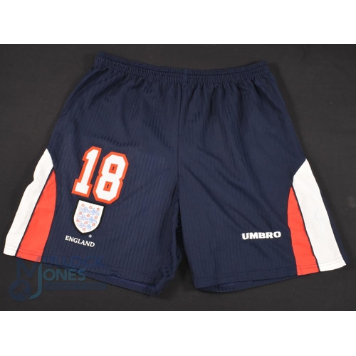 876 - 1998/1999 Football Season Michael Owen Number 18 player worn England Umbro shorts. Note: Collected b... 