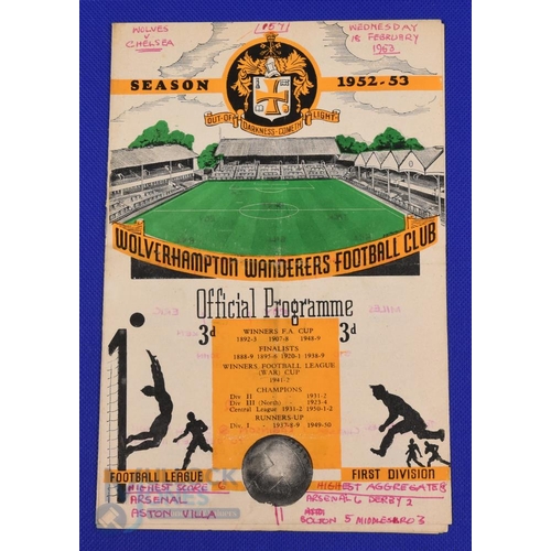 953 - 1952/53 Wolverhampton Wanderers v Chelsea match programme Wednesday 18 February 1953; writing on cov... 