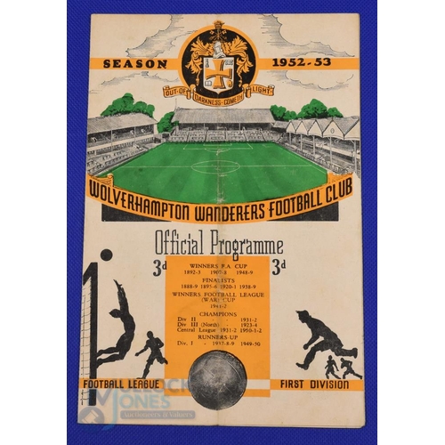 957 - 1952/53 Wolverhampton Wanderers v Liverpool Div. 1 match programme 21 March 1953; fold, overall fair... 