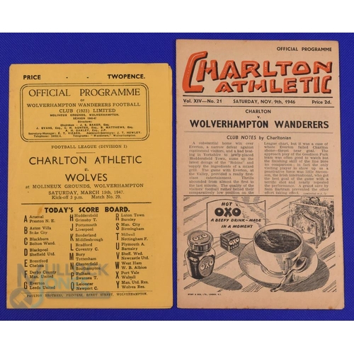 965 - 1946/47 Wolverhampton Wanderers v Charlton Athletic Div. 1 match programme (15 March) plus away reve... 