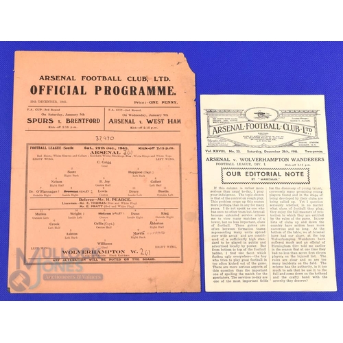 988 - 1945/46 Arsenal v Wolverhampton Wanderers war time football league (south) match programme 29 Decemb... 