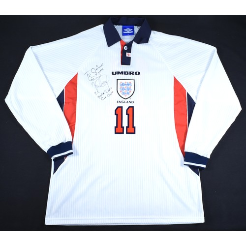 875 - Umbro England Shirt (XL) long sleeves Number 11 signed and dedicated to Oliver God Bless Ian Wright ... 