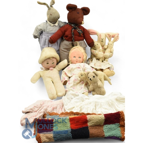 103 - 1930s Animal Teddies. Rabbit with 2 Babies 40cm, Grey Rabbit 40cm, Brown Teddy, small lamb, teddy wi... 