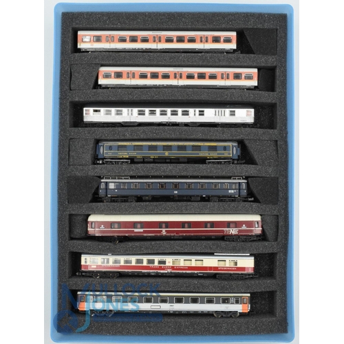 12 - N Gauge Model Railway - Minitrix European Coaches Various Livery, all Housed in a plastic storage bo... 