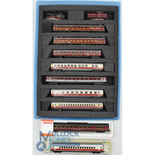 15 - N Gauge Model Railway - Minitrix 2 German Locomotives with DSG & DB livery Coaches all Housed in a p... 