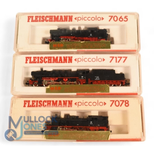 165 - Fleischmann N Gauge Locomotives. Steam European examples serial numbers 7065, 7177, 7078 all in orig... 