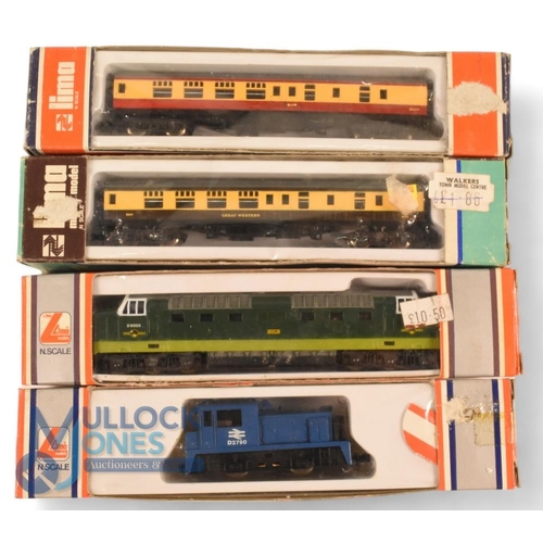 170a - Lima N Gauge 22 0253 Deltic Locomotive. D9003 BR green together with 220211G D2790 shunter and 2 coa... 
