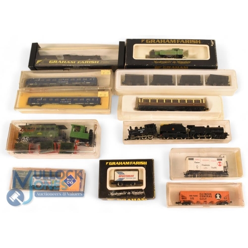173 - Mixed N Gauge Locomotive and Coaches. Graham Farish 1109 Pannier, BR Loco & tender, 3 coaches, 6 Rol... 