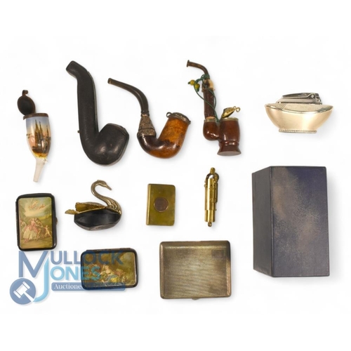 476 - Collection of Tobacciana. Boxed Ronson Varaflame Table Lighter, cased Meerschaum pipe, Swan Ashtray,... 
