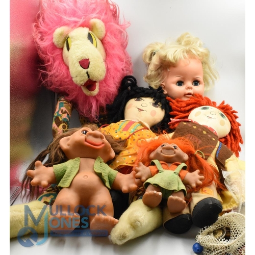 53 - Mixed Box of Toys and Coins - large Soft toy Lion, Soft body Doll, Rosie & Jim Rag Doll and 2 Trolls... 