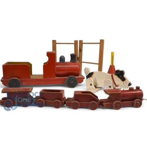 87 - Selection of Wooden Toys - Large Train 50cm, small train with wagons, wooden dog with movable legs (... 