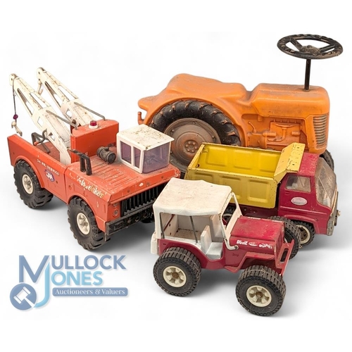 112 - Tonka Toys. Double Crane Wrecker Truck, Dune Buggy, Tipper Lorry together with Plastic sit-on Tracto... 