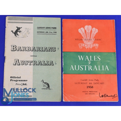 25 - Australia in Wales 1948-58 Rugby Programmes (2): Issues at Cardiff v Barbarians, first such game v t... 