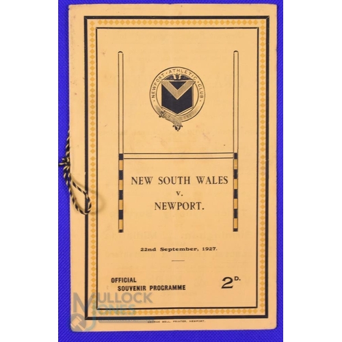 118 - Rare 1927 Newport v New South Wales Rugby Programme: 8pp plus attractive amber covers. Very few to b... 