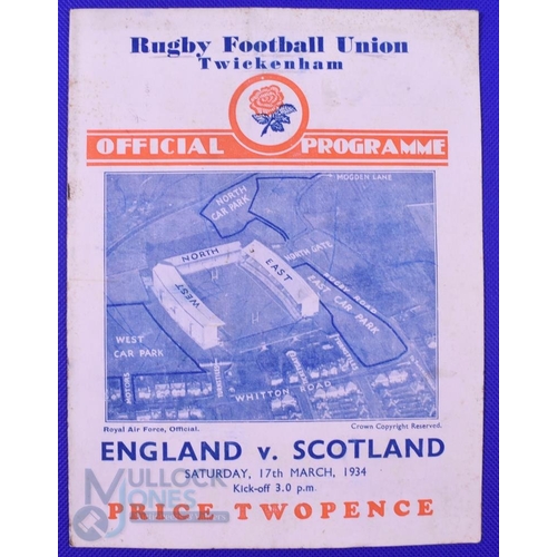 62 - Scarce 1934 England v Scotland Rugby Programme: Triple Crown match for England. The newer Twickenham... 