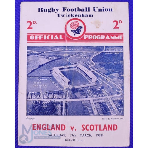 63 - Scarce 1938 England v Scotland Rugby Programme: Twickenham pattern, rose badge and aerial pic, 4pp c... 