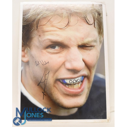 219 - Lewis Moody Rugby Artworks etc (3): Pair of large colour photographs, c.20” x 16”, mounted on light ... 