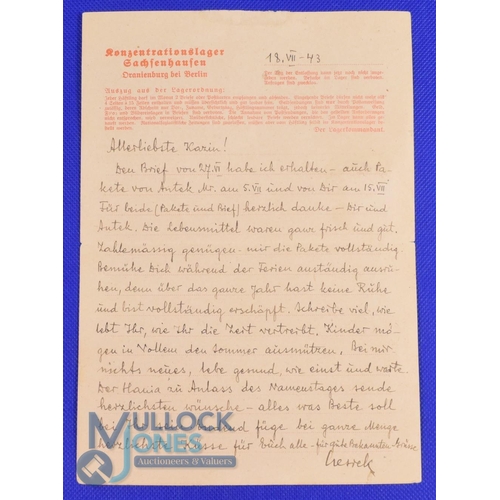 1096 - WWII - Sachsenhausen Concentration Camp Letter - date 18th July 1943 handwritten, 'A big thank you t... 