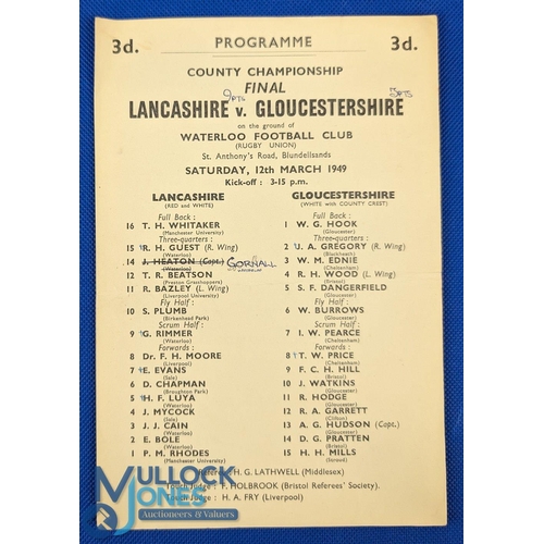 132 - 1949 County Champs Final Rugby Programme: Clean, neat single page card for Lancashire v Gloucestersh... 