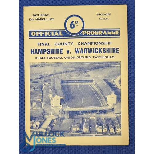 144 - 1962 County Champs Final Rugby Programme: The 4pp Twickenham 'regular' card for Hampshire v Warwicks... 