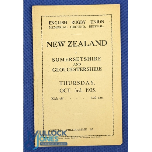 150 - 1935-6 Somerset/Gloucestershire v New Zealand Rugby Programme: Smart crisp 4pp card with teams and p... 