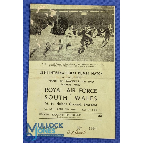 17 - 1941 South Wales v the RAF Rugby Programme: At Swansea 04/41, another from the charity series in goo... 