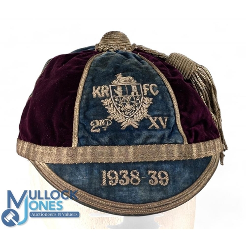 237 - 1938-9 KRFC 2nd XV Rugby Honours Cap: Maroon & blue cap with 6 panels, gold braided tassel, impressi... 