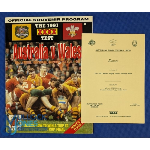 89 - 1991 Australia v Wales Rugby Programme & Menu (2): The large colourful programme and the scarce afte... 