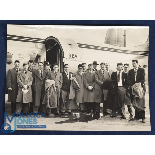 1133 - 1954 England 'B' black & white photograph of team and officials grouped together in front of the BEA... 