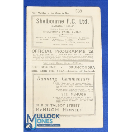 1143 - 1944/45 Shelbourne v Bohemians League of Ireland 4 page match programme 11 February 1945; good. (1)